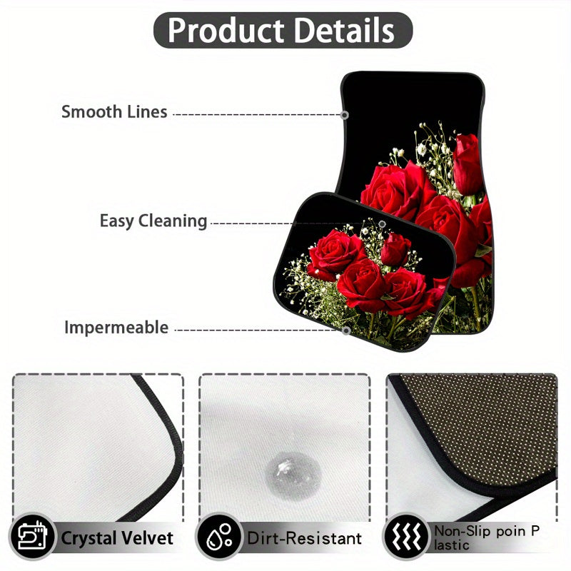 4pcs Rose Flowers Pattern Car Seat Covers Front Rear Seat Mat Car Accessories