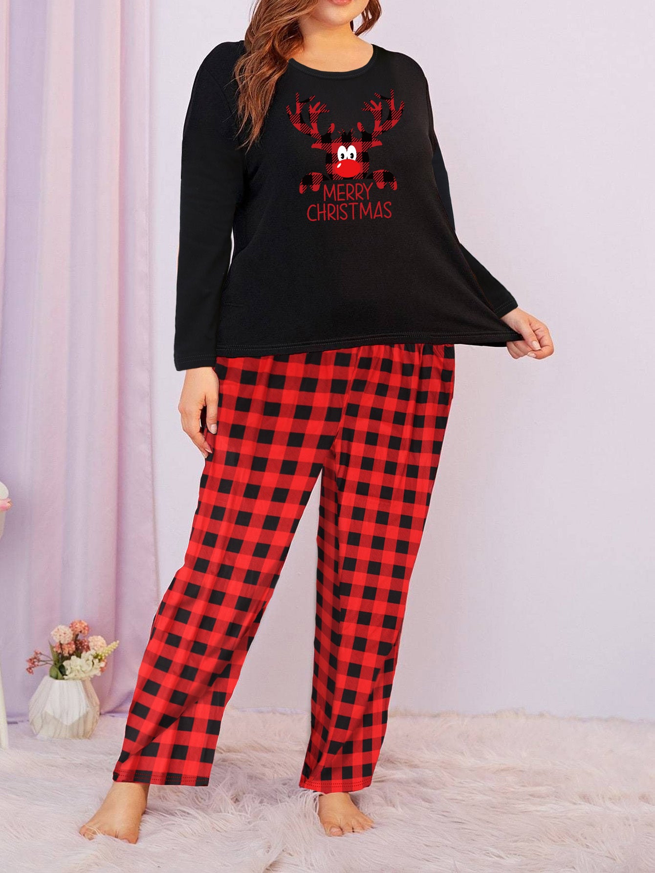  Christmas Pajamas Set Women's Elk Print Long Sleeve Tee & Plaid Pants