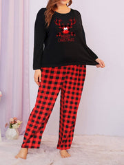  Christmas Pajamas Set Women's Elk Print Long Sleeve Tee & Plaid Pants
