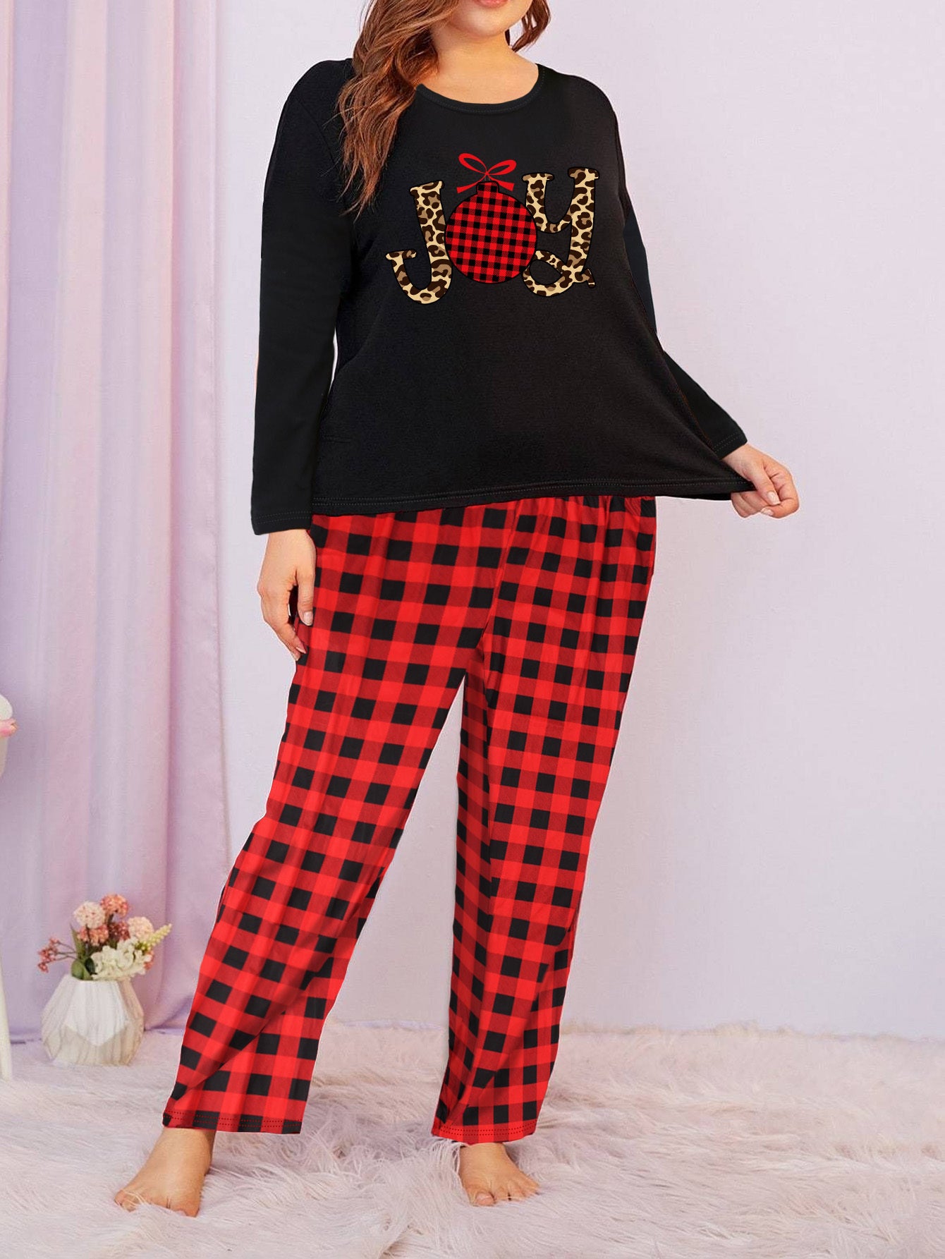  Christmas Pajama Set: Bell & Leopard Print Tee & Pants