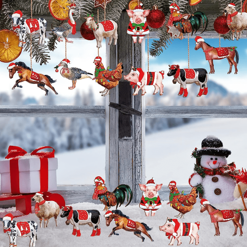 24pcs Christmas Farm Animal Decorations Set for Outdoor Party with Rope