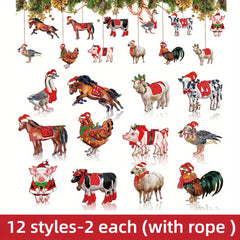 24pcs Christmas Farm Animal Decorations Set for Outdoor Party with Rope