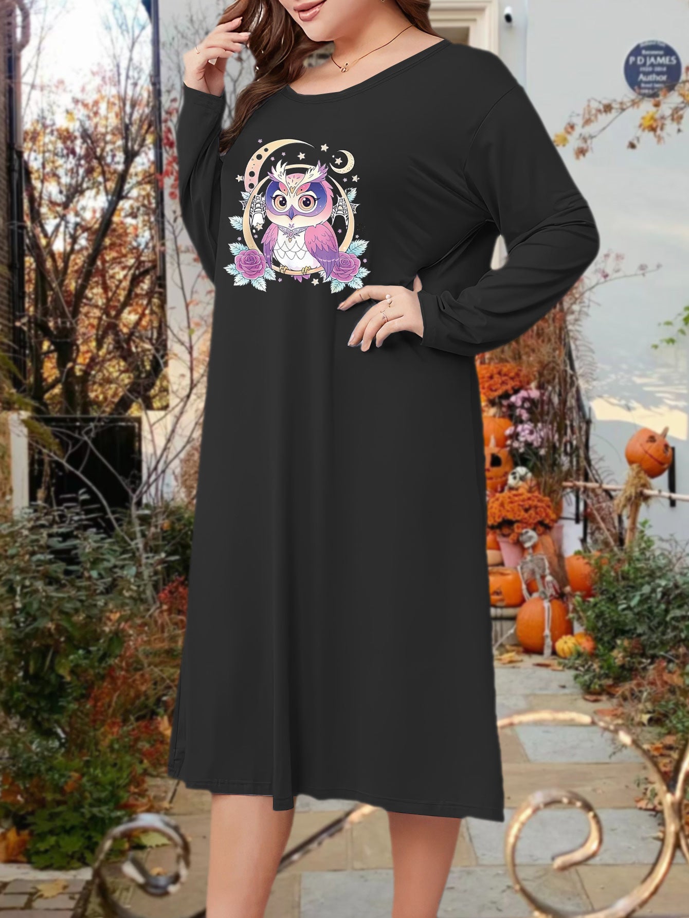  Owl & Moon Print Long Sleeve Tee Sleep Dress