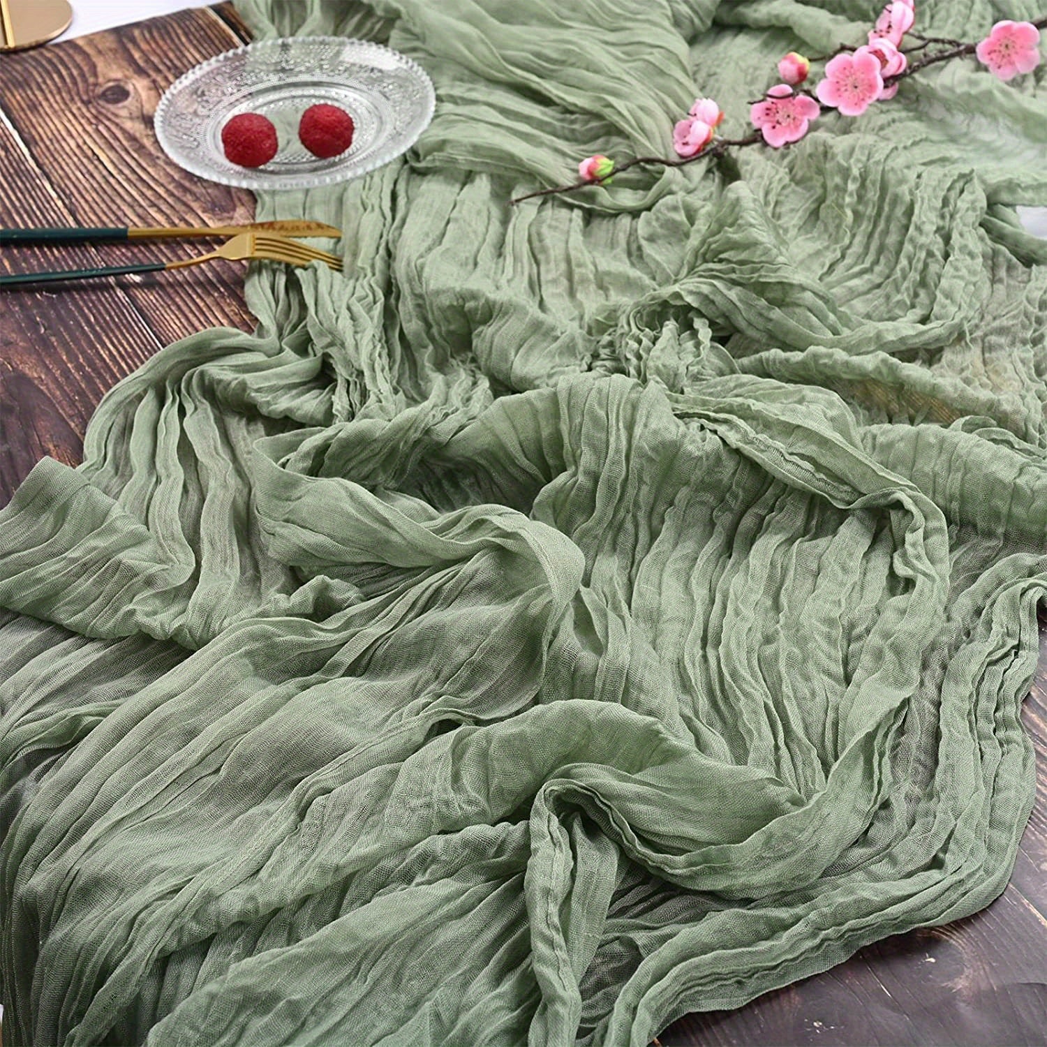 Green Balinese Pleated Table Runner Solid Table Cover