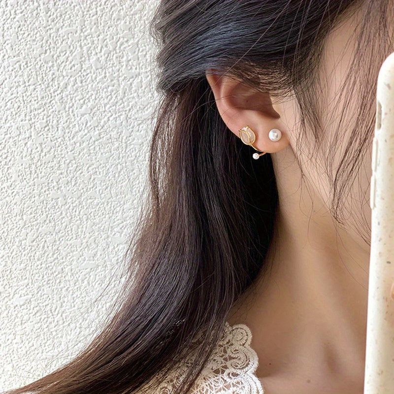 Opal Tulip Pearl Stud Earrings Female