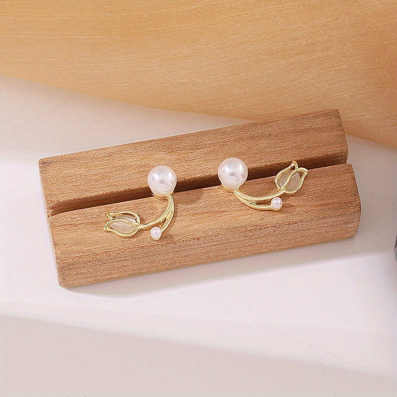 Opal Tulip Pearl Stud Earrings Female
