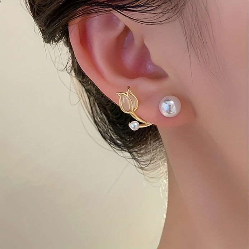 Opal Tulip Pearl Stud Earrings Female