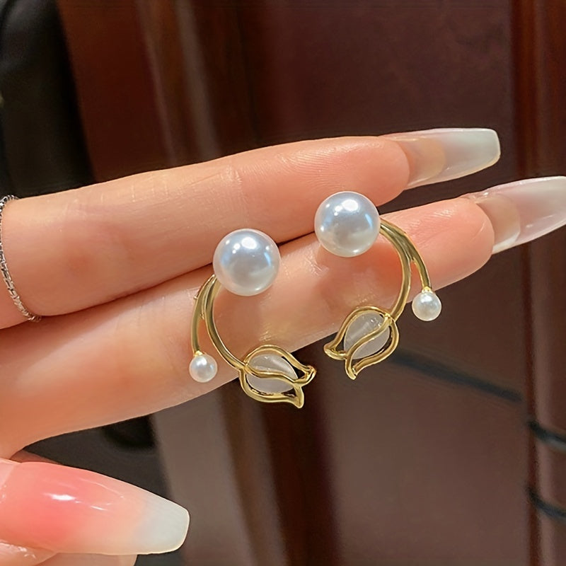 Opal Tulip Pearl Stud Earrings Female