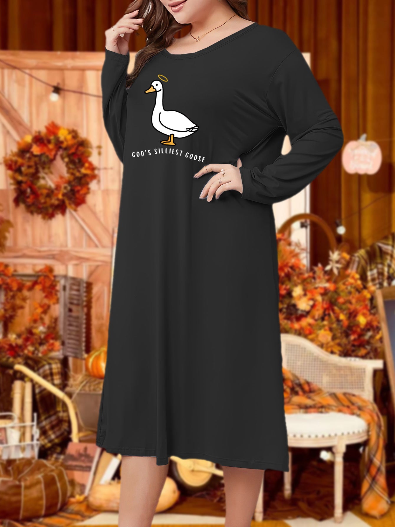 Plus Size Lounge Dress Women's Plus Goose & Letter Print Long Sleeve