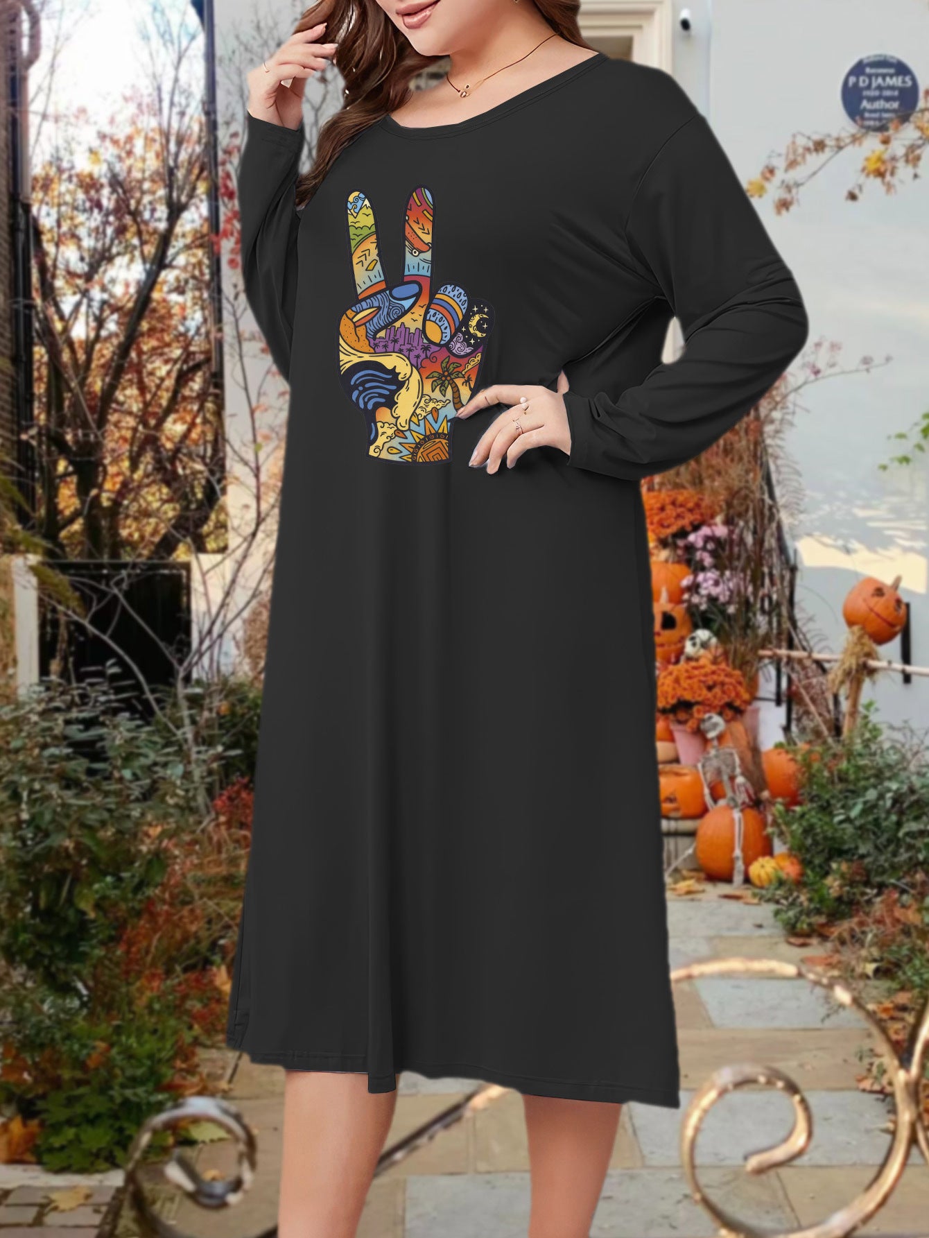  Lounge Dress Women's Finger Gesture Print Tee Sleep Dress