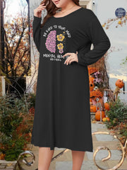  Brain & Floral Print Long Sleeve Tee Sleep Dress