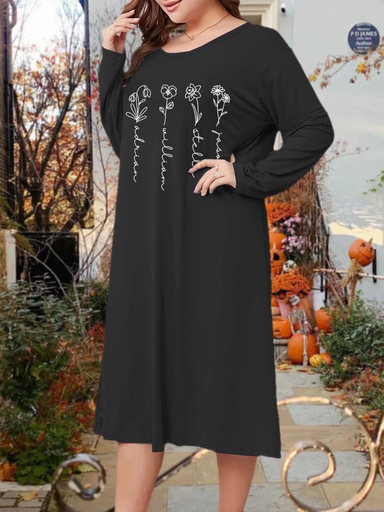 Plus Size Lounge Dress Women's Plus Art Letter & Floral Print Long Sleeve