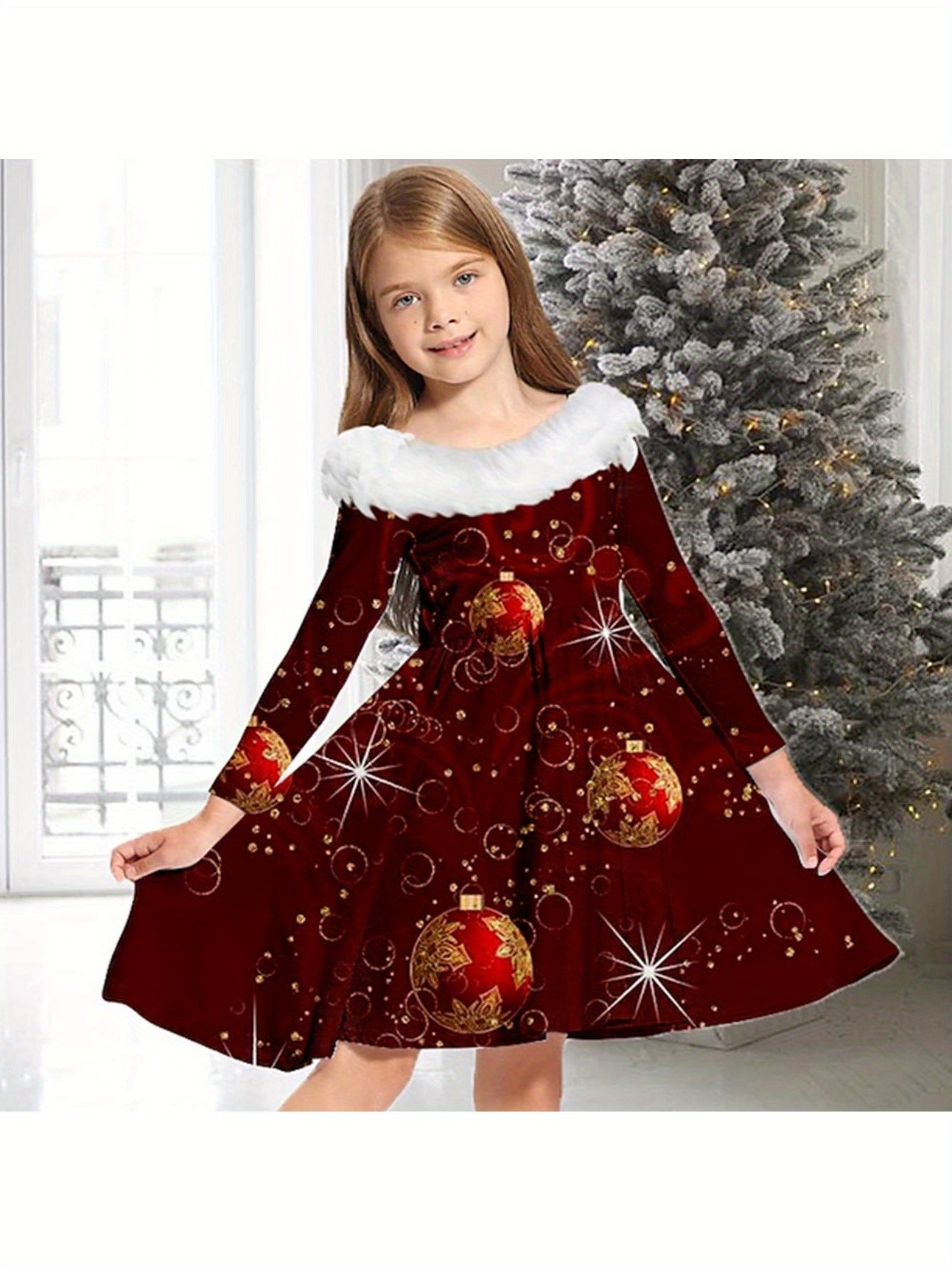 Girls Jingle Bell Long Sleeve Dress Christmas Gift