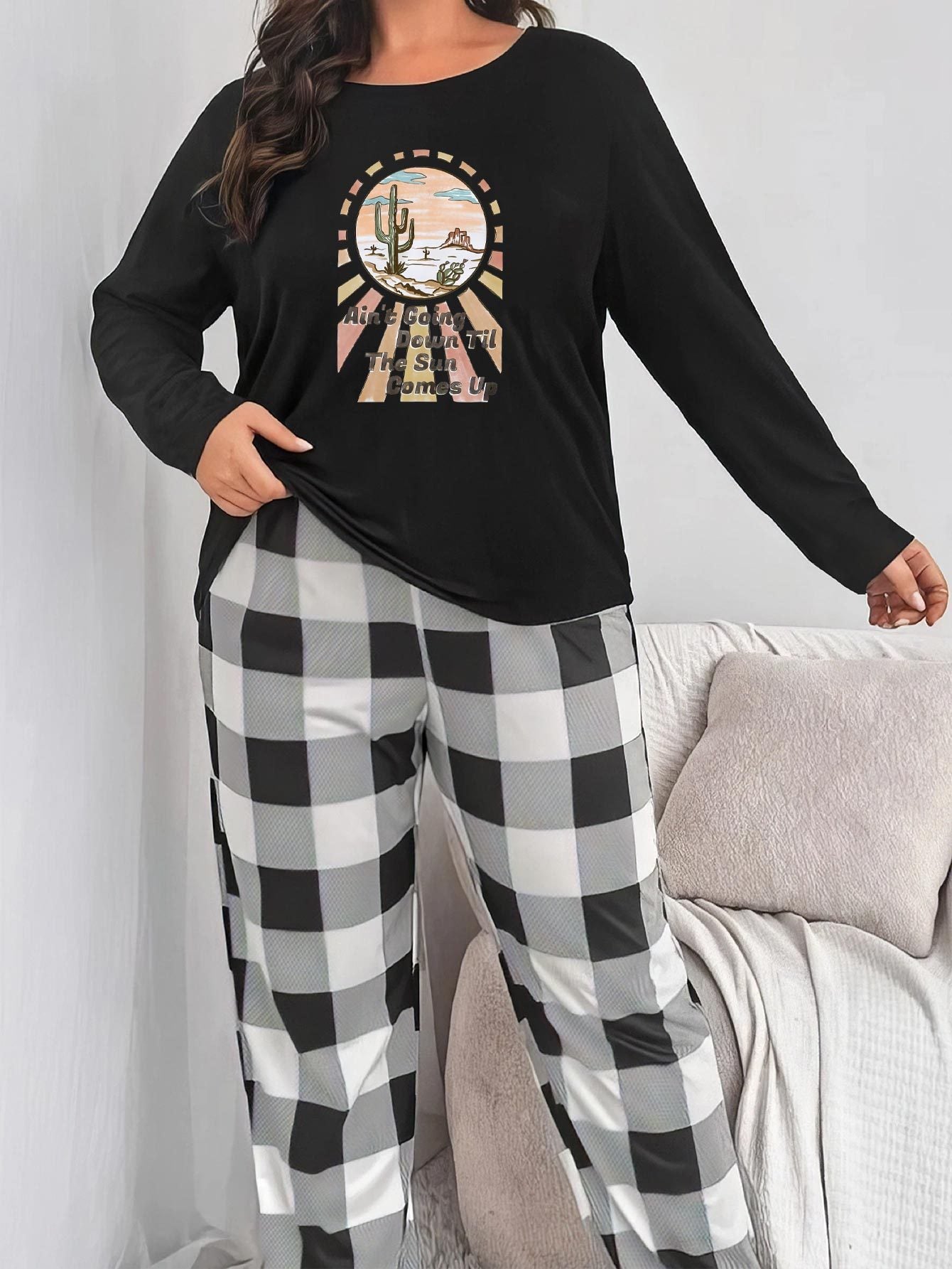 Desert Scenery Tee & Plaid Pants Lounge Set - Plus Size