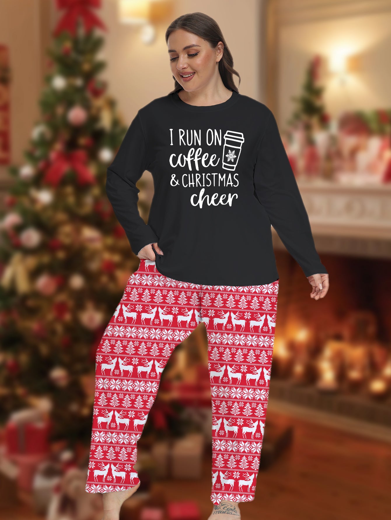  Coffee Graphic Long Sleeve Tee & Striped Pants Lounge Set
