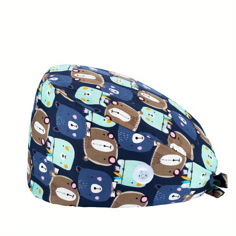 Cartoon Print Work Hat Adjustable Nurse Hat With Buttons Elastic Scrub Cap