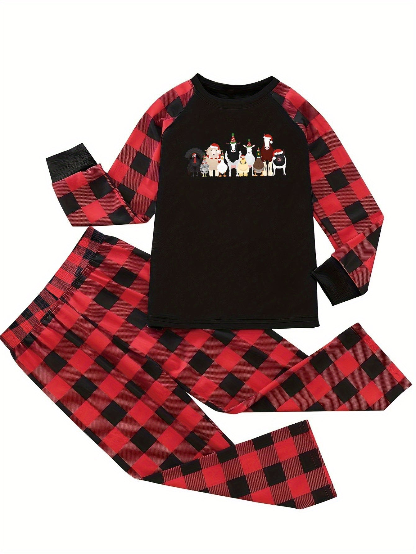  Christmas Pajamas Set Animal Print Raglan Sleeve Top & Plaid Pants
