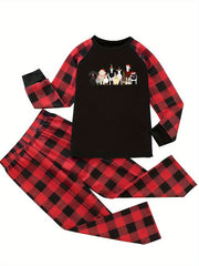  Christmas Pajamas Set Animal Print Raglan Sleeve Top & Plaid Pants