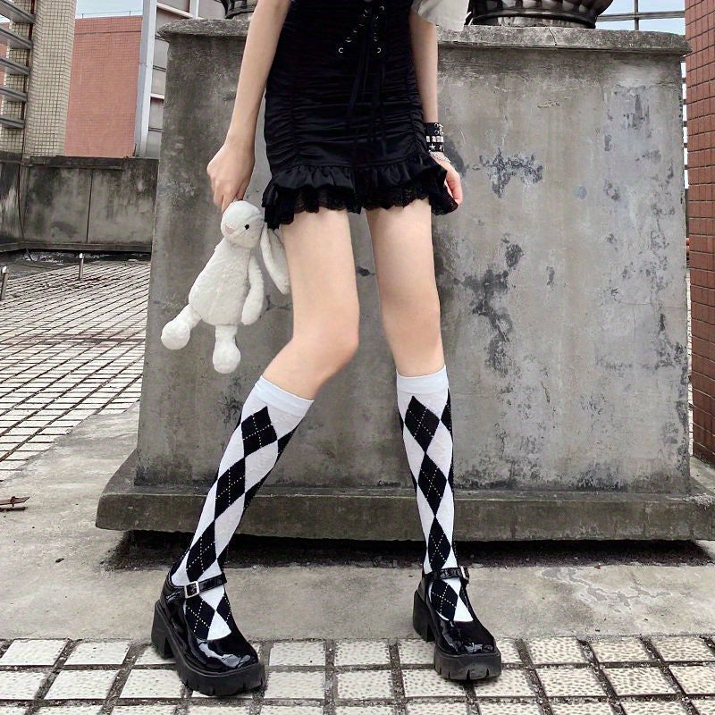 Argyle Calf Socks College Style Knee High Socks Women's Stockings