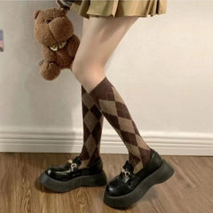 Argyle Calf Socks College Style Knee High Socks Women's Stockings