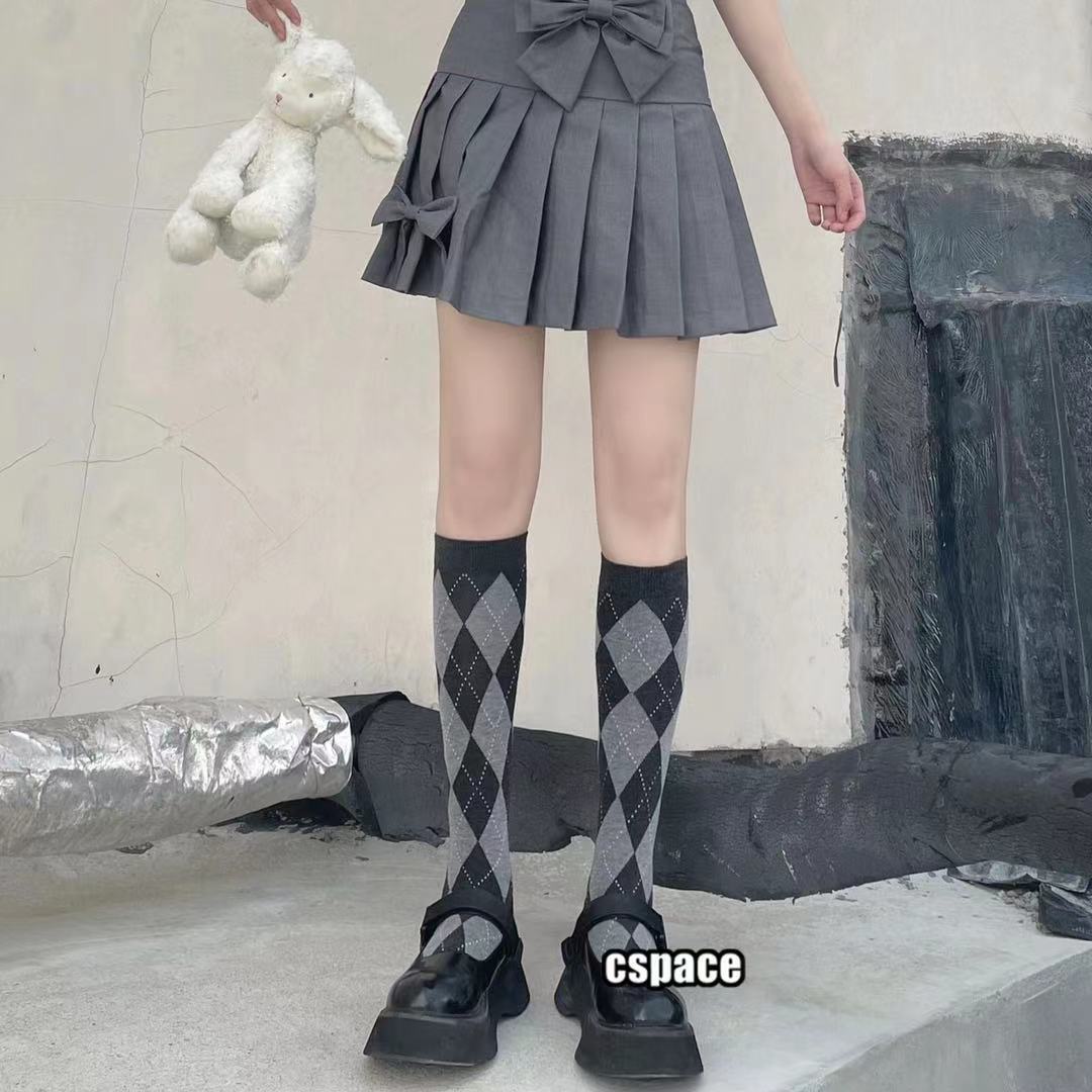 Argyle Calf Socks College Style Knee High Socks Women's Stockings