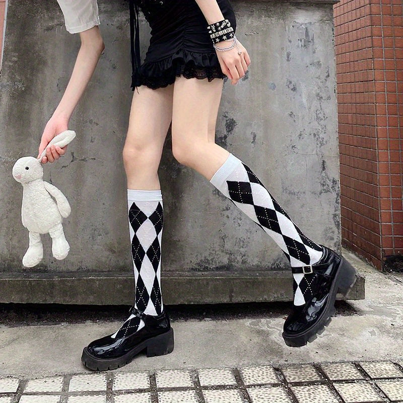 Argyle Calf Socks College Style Knee High Socks Women's Stockings