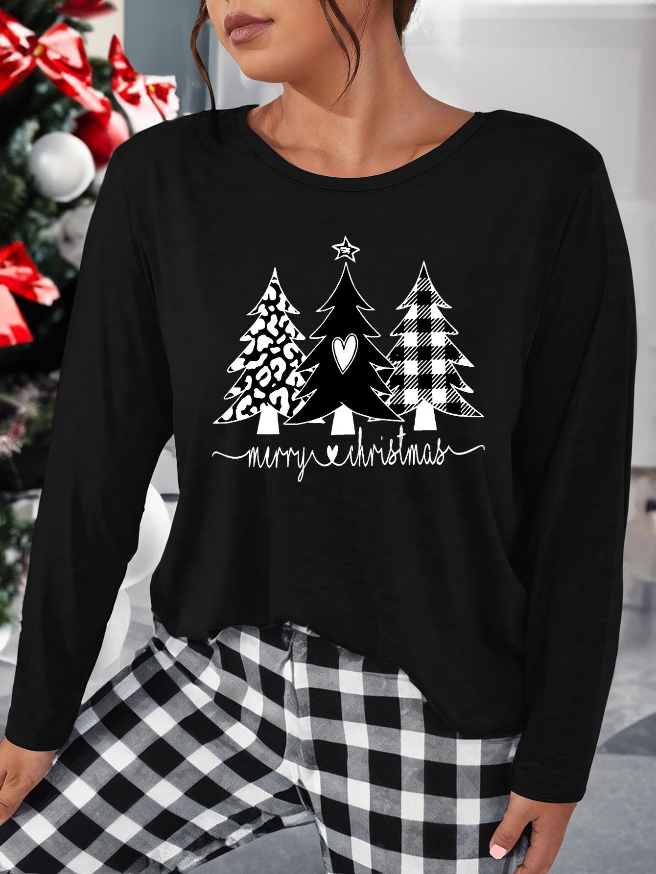  Christmas Lounge Top Women's Christmas Tree Print Long Sleeve 