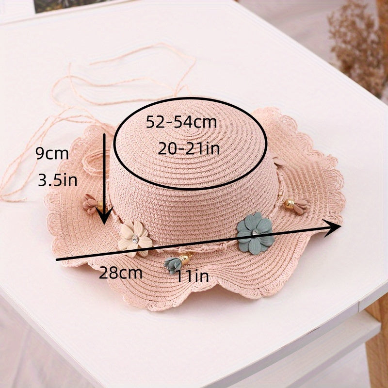 Girls' Straw Hat With Flower Decor for Summer Beach & Outdoors