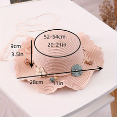 Girls' Straw Hat With Flower Decor for Summer Beach & Outdoors
