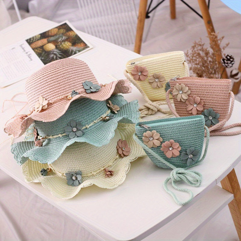 Girls' Straw Hat With Flower Decor for Summer Beach & Outdoors