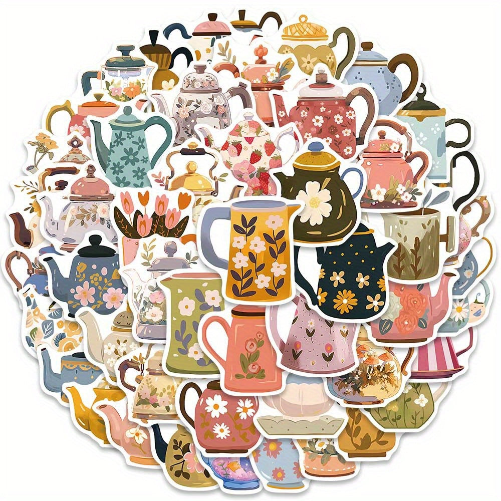 50pcs Whimsical Flower Teapot Stickers Colorful Reusable Cartoon Decals