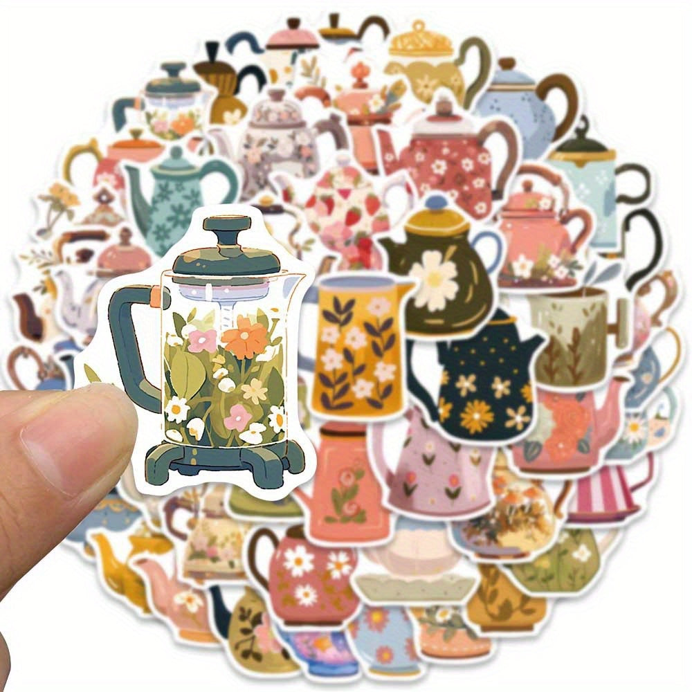 50pcs Whimsical Flower Teapot Stickers Colorful Reusable Cartoon Decals