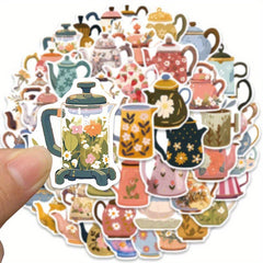 50pcs Whimsical Flower Teapot Stickers Colorful Reusable Cartoon Decals