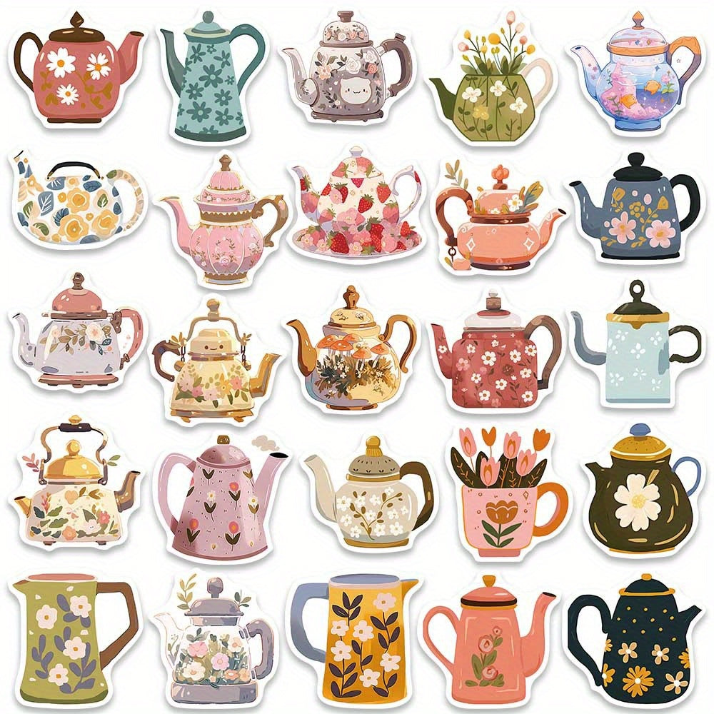 50pcs Whimsical Flower Teapot Stickers Colorful Reusable Cartoon Decals