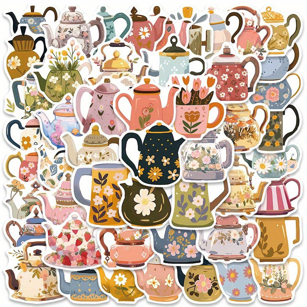 50pcs Whimsical Flower Teapot Stickers Colorful Reusable Cartoon Decals