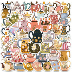 50pcs Whimsical Flower Teapot Stickers Colorful Reusable Cartoon Decals