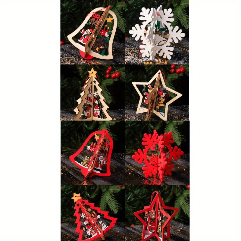 8pcs 3D Bell Snowflake Wooden Pendant Christmas Ornaments