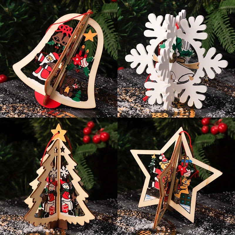 8pcs 3D Bell Snowflake Wooden Pendant Christmas Ornaments