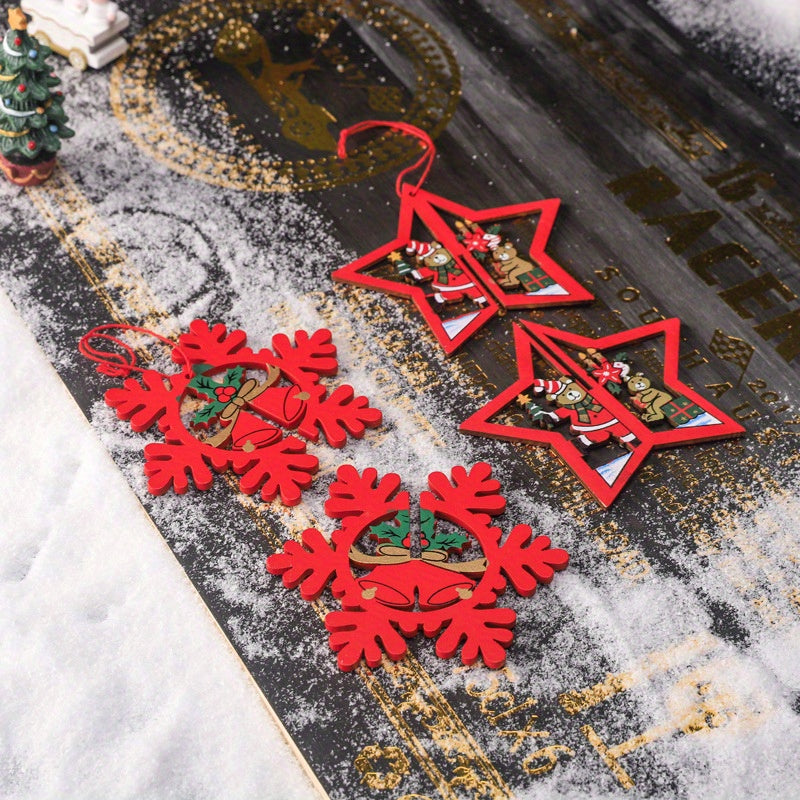 8pcs 3D Bell Snowflake Wooden Pendant Christmas Ornaments