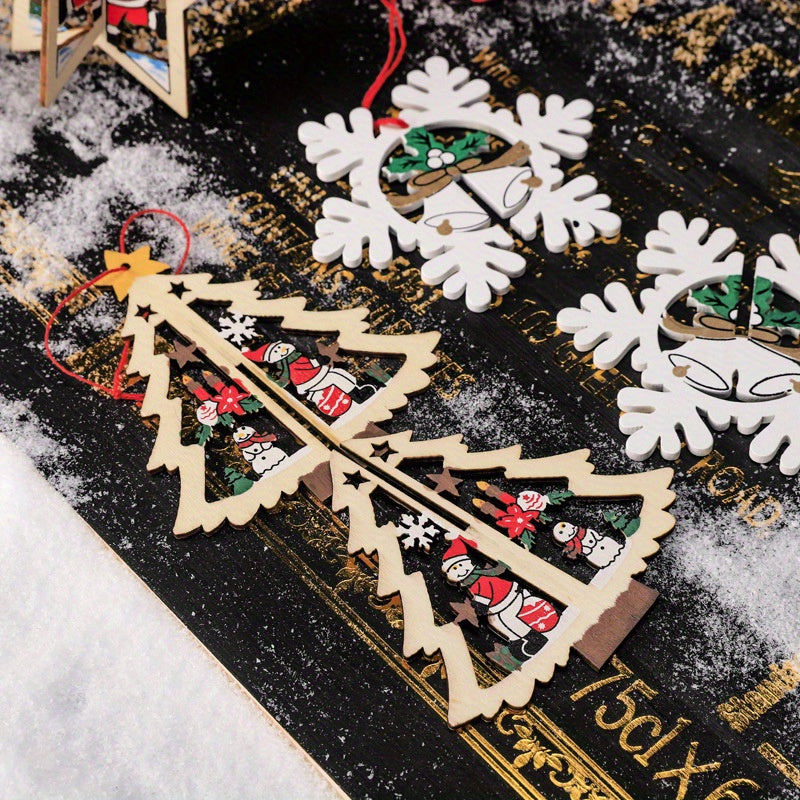 8pcs 3D Bell Snowflake Wooden Pendant Christmas Ornaments