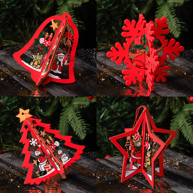 8pcs 3D Bell Snowflake Wooden Pendant Christmas Ornaments