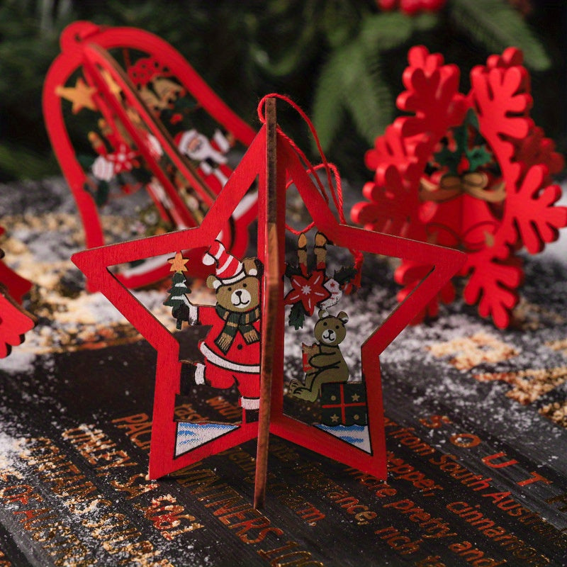 8pcs 3D Bell Snowflake Wooden Pendant Christmas Ornaments