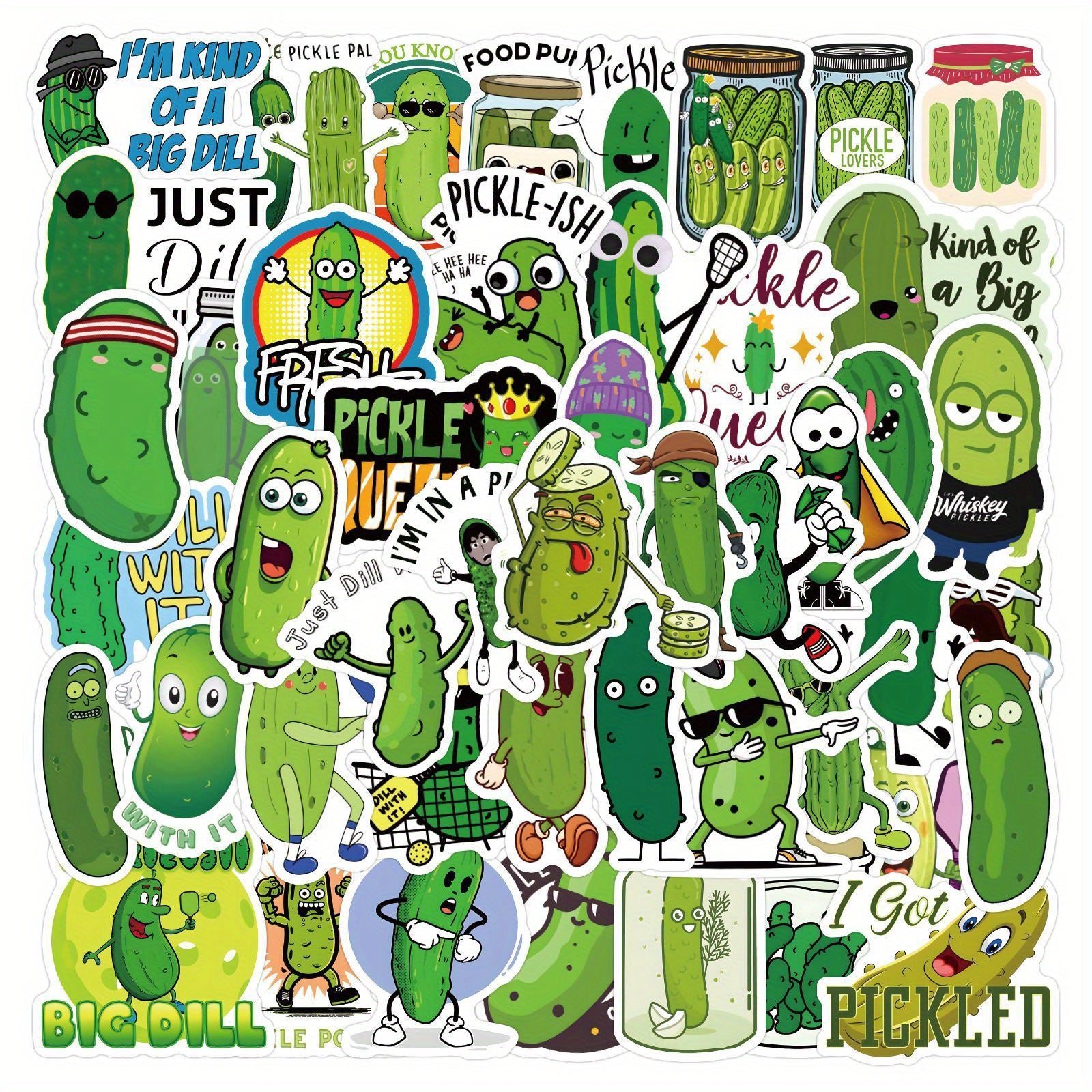 60pcs Cartoon Green Pickle Stickers for Laptops Books Phone Cases Suitcases