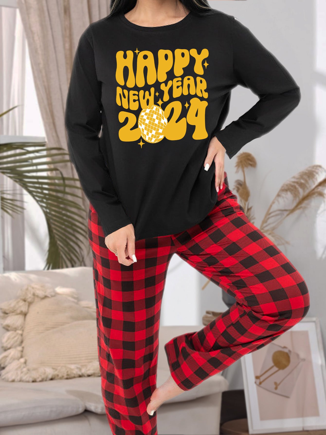  Casual Pajamas Set Women's Plus Tee & Plaid Pants Lounge 2 Piece Set