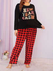  Colorful Letter Graphic Long Sleeve Tee & Plaid Pants Lounge Set