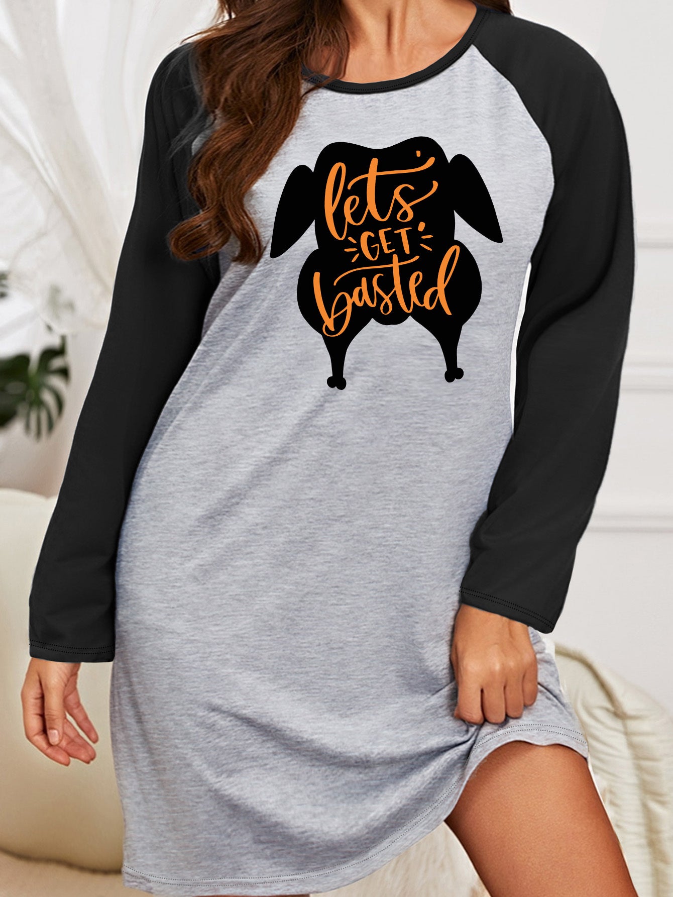  Casual Nightdress Women's Plus Turkey Print Raglan Sleeve Sleep Dress