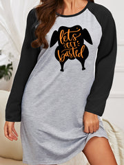  Casual Nightdress Women's Plus Turkey Print Raglan Sleeve Sleep Dress