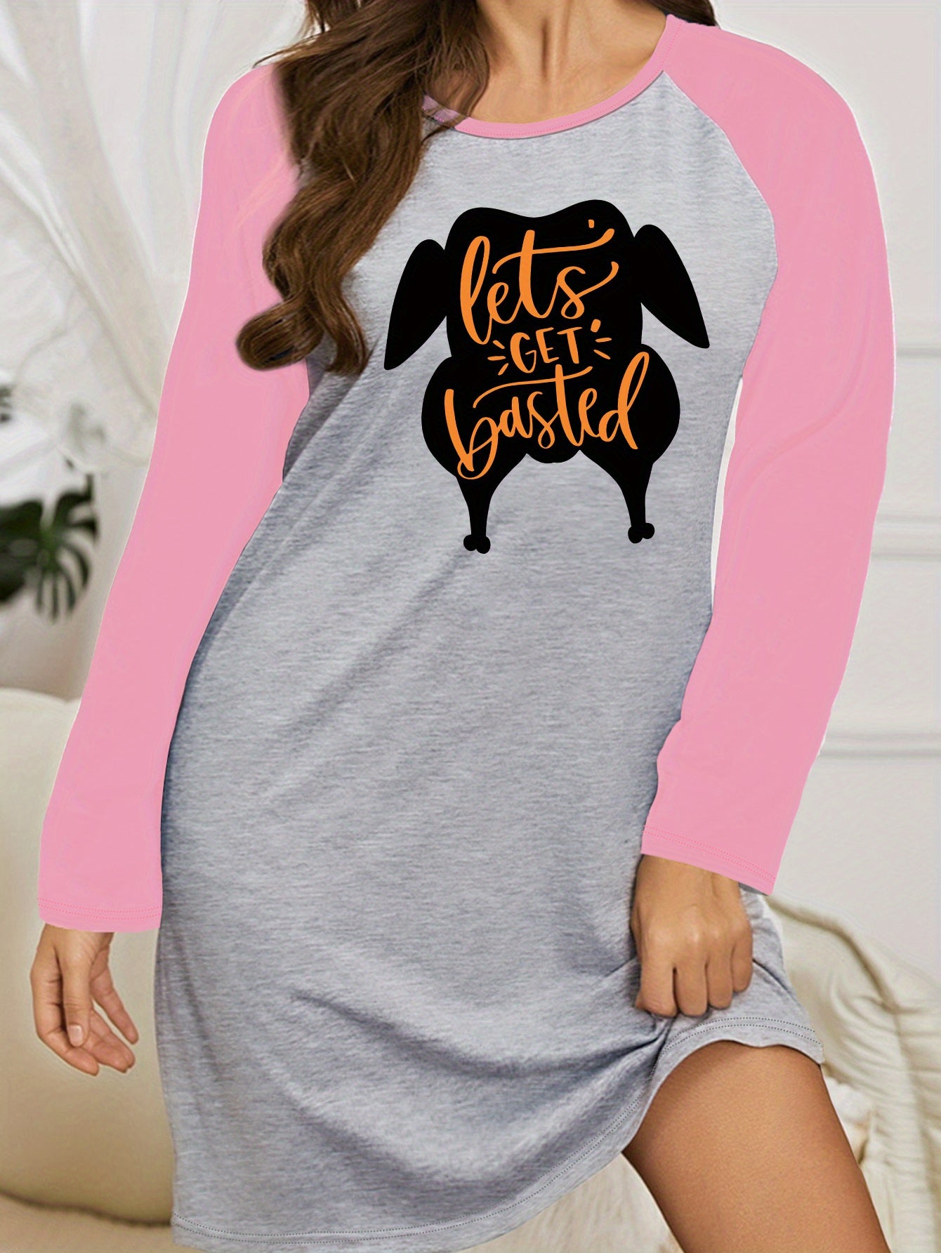  Casual Nightdress Women's Plus Turkey Print Raglan Sleeve Sleep Dress