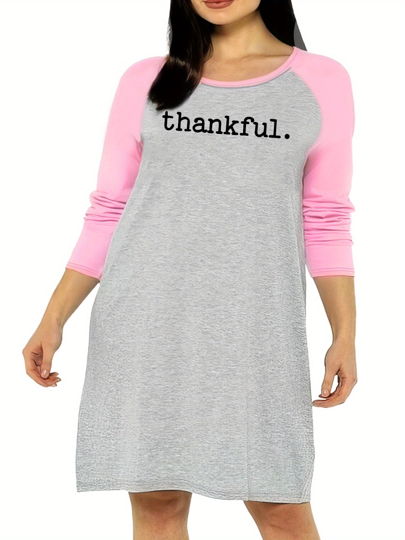  Nightdress Women's Plus Letter Print Raglan Sleeve Round Neck