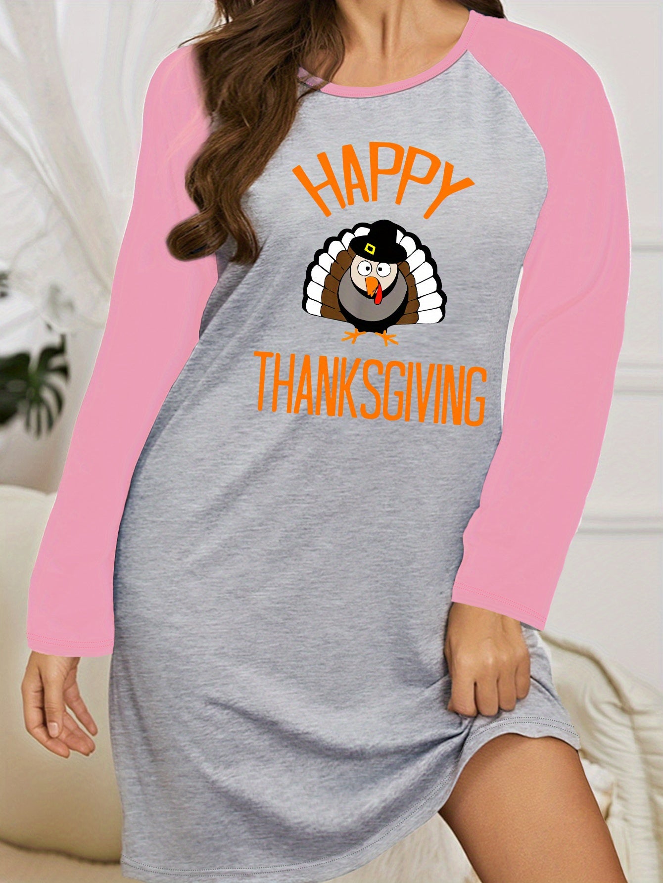  Turkey & Letter Print Raglan Sleeve Round Neck Stretch Sleep Dress